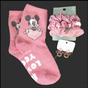 Disney Pink Mickey Socks Minnie Earrings And Hair Scrunchies Bundle NWT